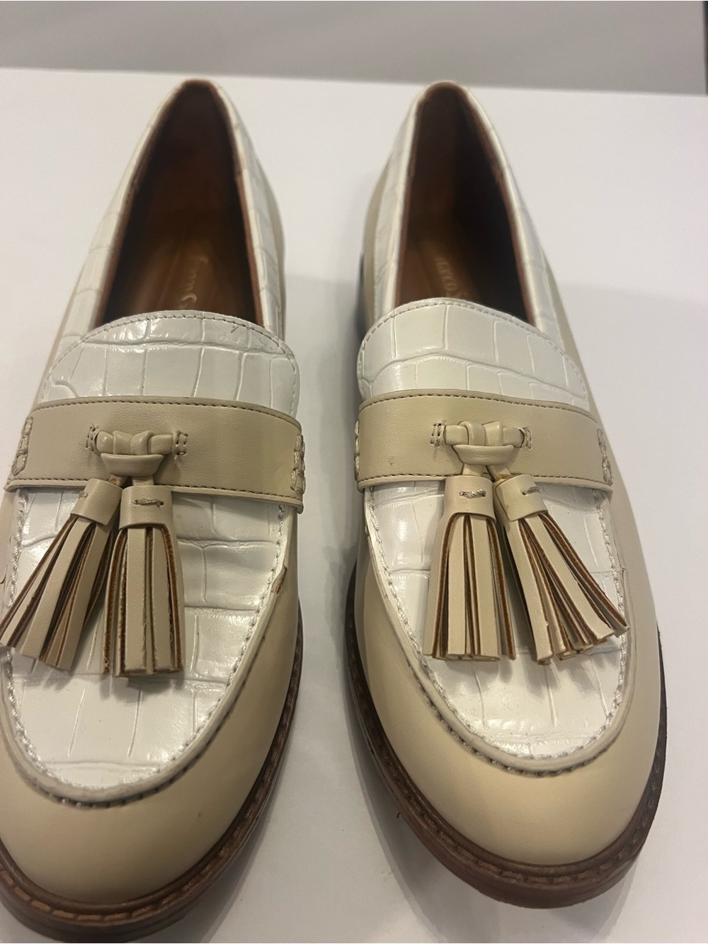 Franco Sarto White and Beige Tassel Loafers